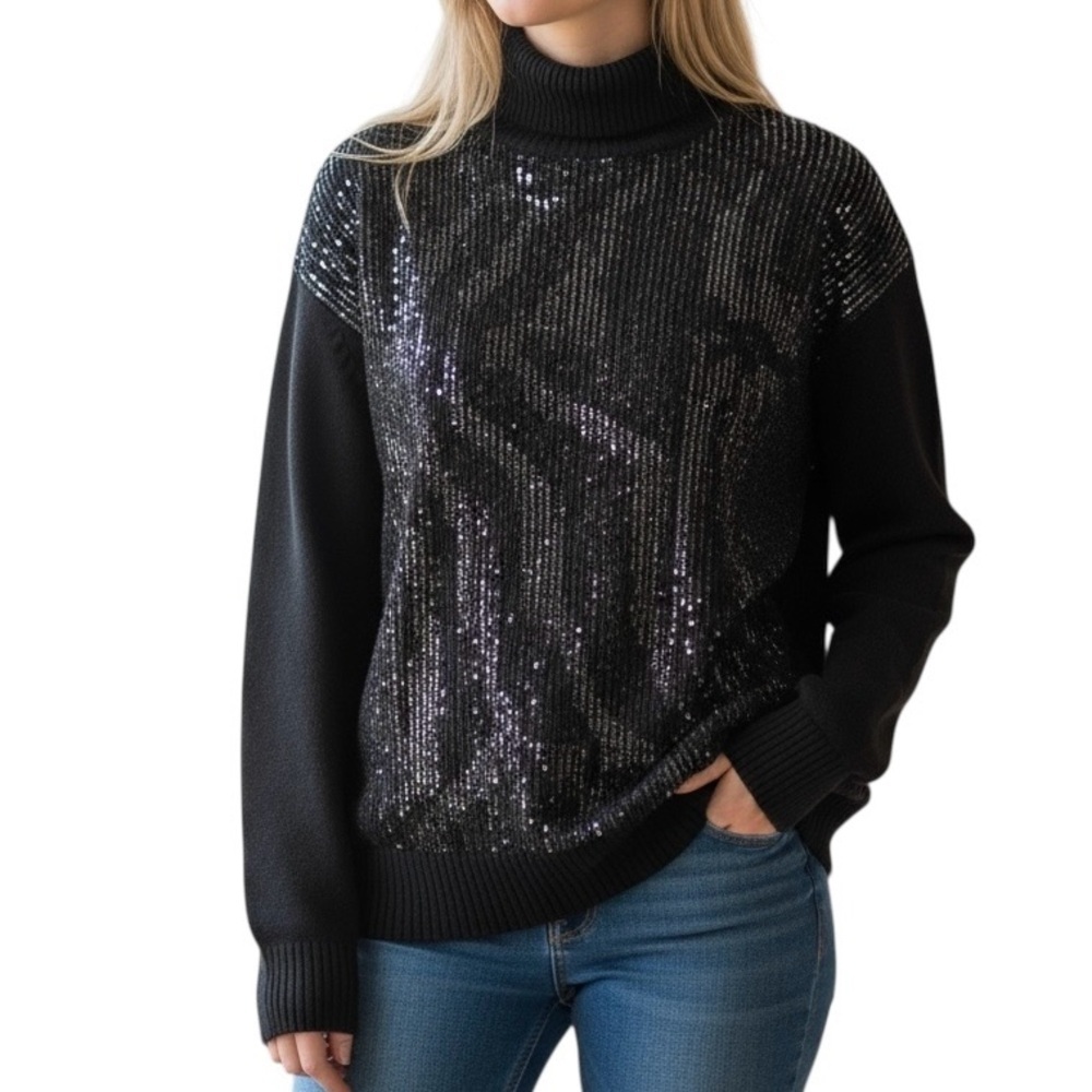 Modern Chic Glam Black Sequin Turtleneck Sweater Casual Long Sleeve Knit Top Med